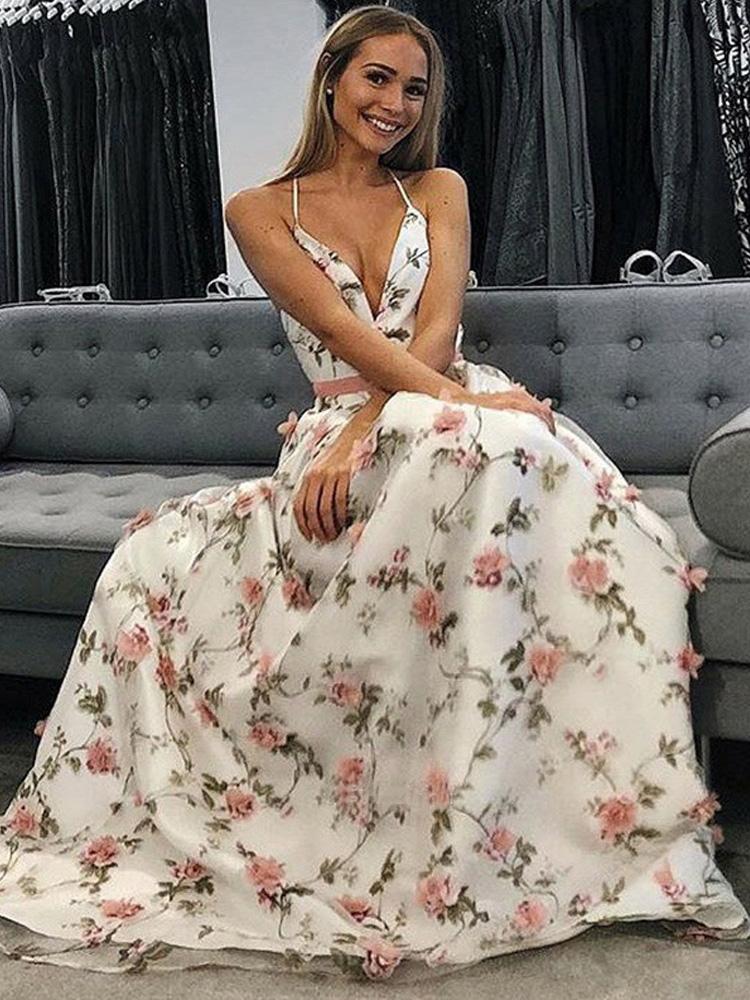 A Line V Neck Spaghetti Straps Floral Long Prom Dresses,Junior Graduation Dress INJ35