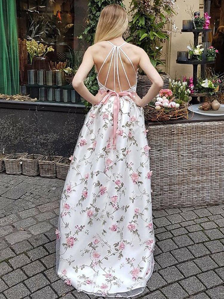 A Line V Neck Spaghetti Straps Floral Long Prom Dresses,Junior Graduation Dress INJ35