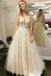 A Line V Neck Prom Dresses With Lace Appliques, Long Cheap Evening Dress INJ61