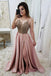 Spaghetti Straps A Line Split Prom Dress, Pink Beaded Evening Dresses INJ47