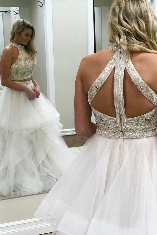 Two Piece Off White High Neck Prom Dress, Cheap A Line Evening Dresses INJ45