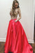 Two Pieces A Line Red Prom Dresses With Pockets, Halter Beaded Evening Dress INJ60