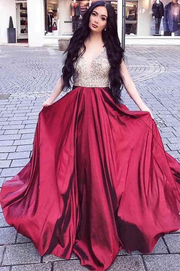 A Line V Neck Beading Prom Dresses, Cheap Long Sleeveless Evening Dress INJ40