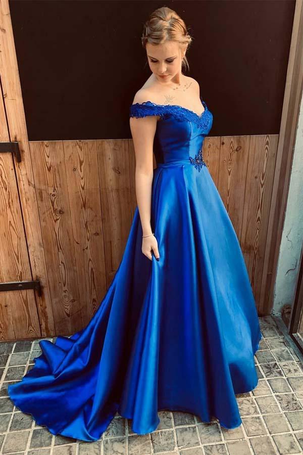 Royal Blue A Line Appliques Satin Charming Prom Dresses INJ39