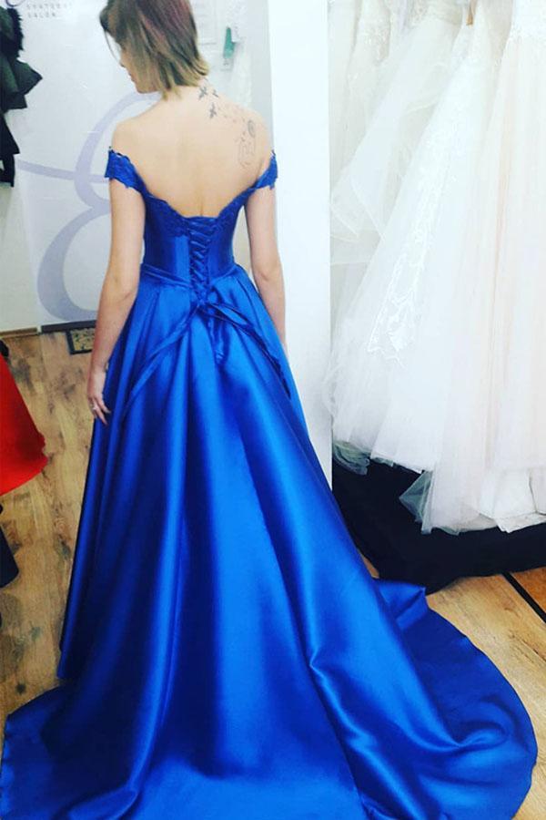 Royal Blue A Line Appliques Satin Charming Prom Dresses INJ39