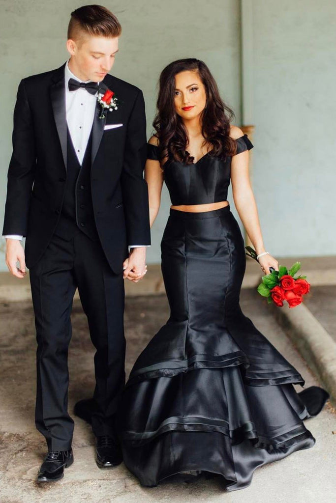 Black 2 Pieces Off Shoulder Mermaid Elegant Prom Dresses With Layers INJ72