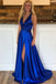 Royal Blue A Line Split Prom Dresses, V Neck Long Formal Party Dress INJ76