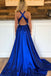 Royal Blue A Line Split Prom Dresses, V Neck Long Formal Party Dress INJ76