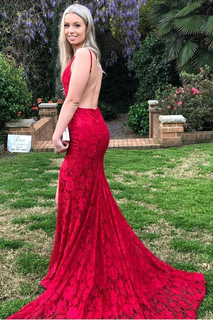 Red Lace Spaghetti Strap Backless Prom Dresses, Mermaid Prom Dress INJ79
