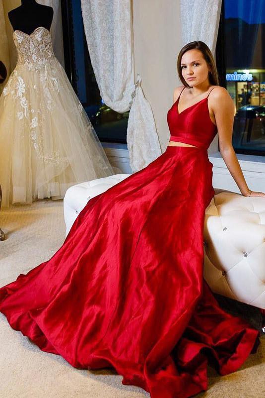 Two Pieces Red Simple Prom Dresses, Long Cheap Evening Dress INJ84