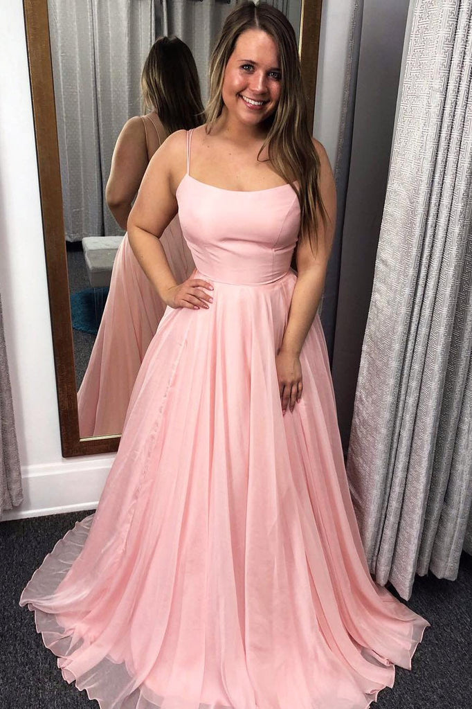 A Line Pink Spaghetti Straps Prom Dress, Long Evening Party Dresses INJ54
