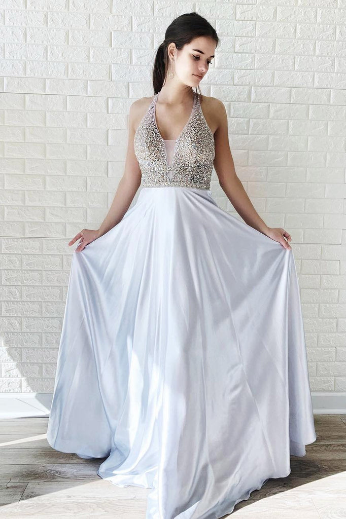 A Line Halter Chiffon Prom Dresses, Beading Long Evening Party Dress INJ42