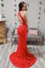Red Lace Sheath Open Back Prom Dress, Mermaid Evening Dresses INJ44