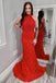 Red Lace Sheath Open Back Prom Dress, Mermaid Evening Dresses INJ44