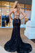 Mermaid Lace Spaghetti Straps Prom Dress, Long Navy Formal Evening Dresses INJ53