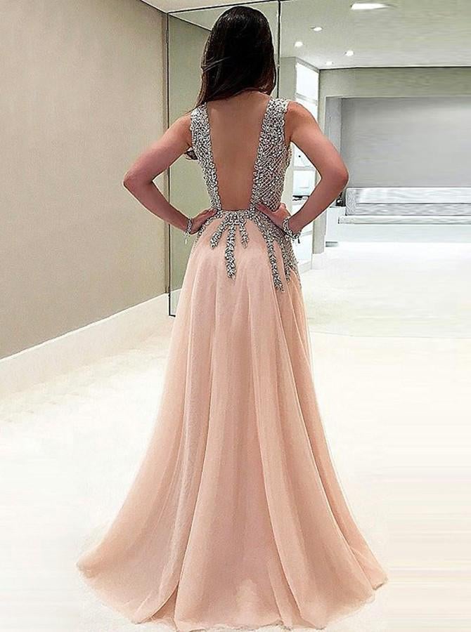 A-line V-neck Tulle Sexy Shinny Rhinestone Long Prom Dress With Slit INA89