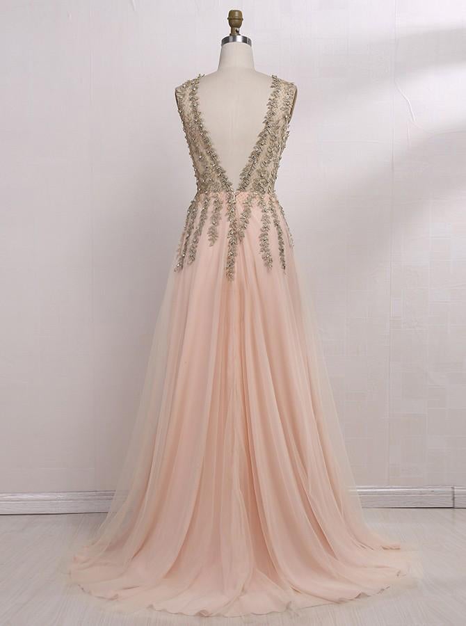 A-line V-neck Tulle Sexy Shinny Rhinestone Long Prom Dress With Slit INA89