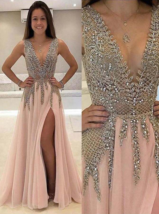A-line V-neck Tulle Sexy Shinny Rhinestone Long Prom Dress With Slit INA89