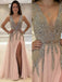 A-line V-neck Tulle Sexy Shinny Rhinestone Long Prom Dress With Slit INA89