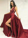 Sexy Burgundy Beaded Slit Skirt Evening Dress, Graduation School Party Gown INI86