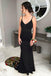Mermaid Spaghetti Straps Sweep Train Black Prom Dress with Floral Embroidery INK65