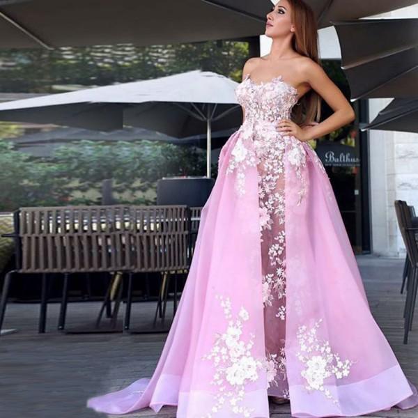 New A-Line Sweetheart Sweep Train Pink Tulle Prom Dress with Lace Appliques IN901