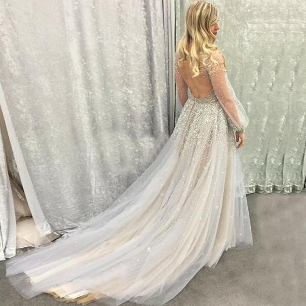 Princess A-Line Deep V-Neck Puffy Long Sleeves Tulle Prom Dress with Beading IN919