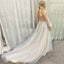 Princess A-Line Deep V-Neck Puffy Long Sleeves Tulle Prom Dress with Beading IN919