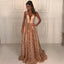 A-Line Deep V-Neck Floor-Length Lace Prom Dress with Beading INK72
