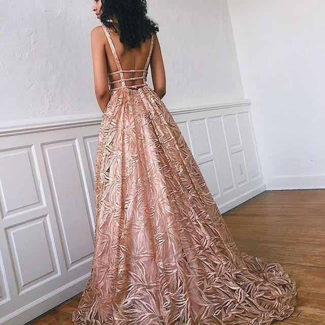 A-Line Deep V-Neck Floor-Length Lace Prom Dress with Beading INK72