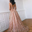 A-Line Deep V-Neck Floor-Length Lace Prom Dress with Beading INK72