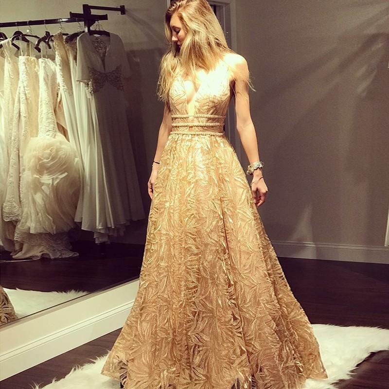 A-Line Deep V-Neck Floor-Length Lace Prom Dress with Beading INK72