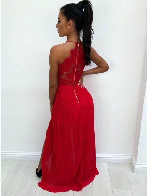 A-Line Spaghetti Straps Red Chiffon Prom Dresses with Lace Split INL33