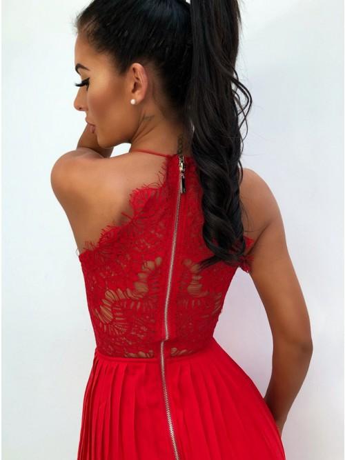 A-Line Spaghetti Straps Red Chiffon Prom Dresses with Lace Split INL33