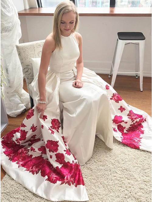 A Line Sleeveless Long White Printed Detachable Prom Dress INL36