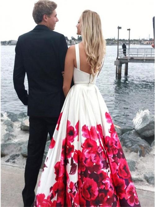 New Arrival Two Piece Sleeveless White Printed Prom Dress INL35