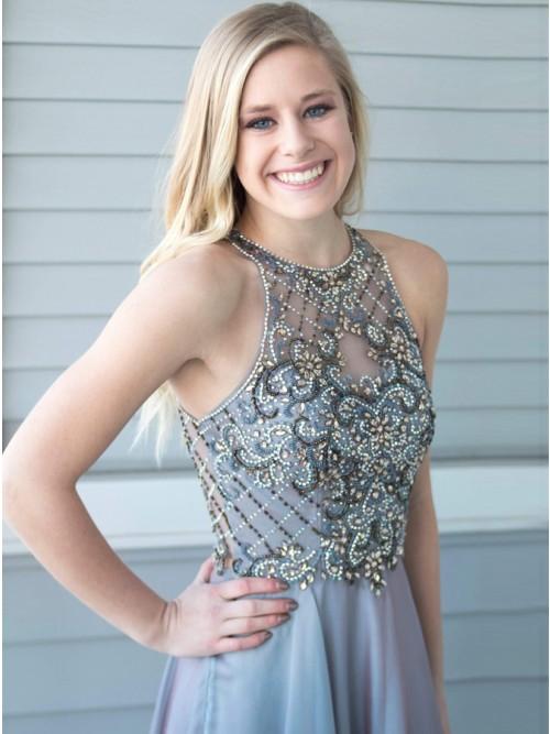 Charming A-Line Crew Sweep Train Grey Chiffon Prom Dress with Beading INL42