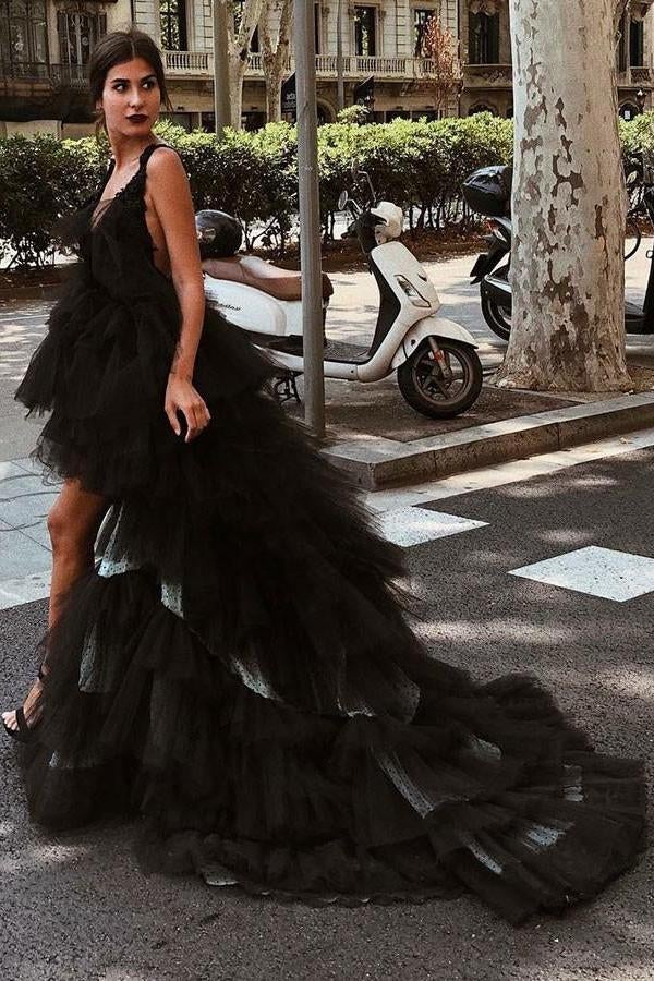 Beautiful A-Line V-Neck High Low Backless Black Tulle Prom Dresses ING98