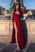 A-Line Off-the-Shoulder Long Sleeves Burgundy Elegant Prom Dress with Split INL66