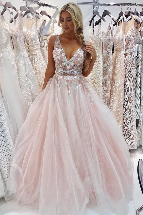 Charming A-Line V-Neck Floor-Length Pink Tulle Prom Dress with Appliques Beading INI68