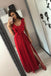 A-Line V-Neck Floor-Length Red Prom Dress with Split Ruffles INL84