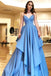 Simple A-Line Spaghetti Straps Blue Satin Tiered Prom Dress INL83
