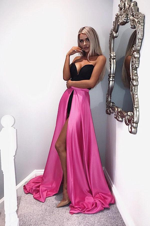 A-Line Sweetheart Detachable Fuchsia Satin Prom Dress INL86