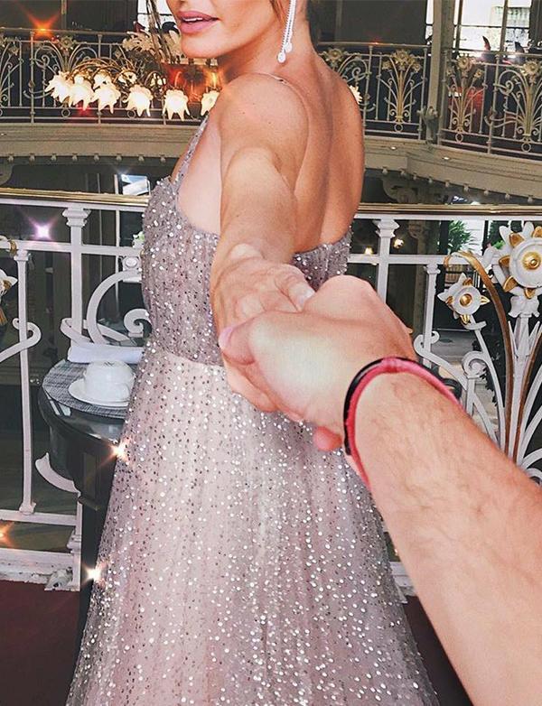 Spaghetti Straps Long Sequins Prom Dress A Line Evening Gown INH39