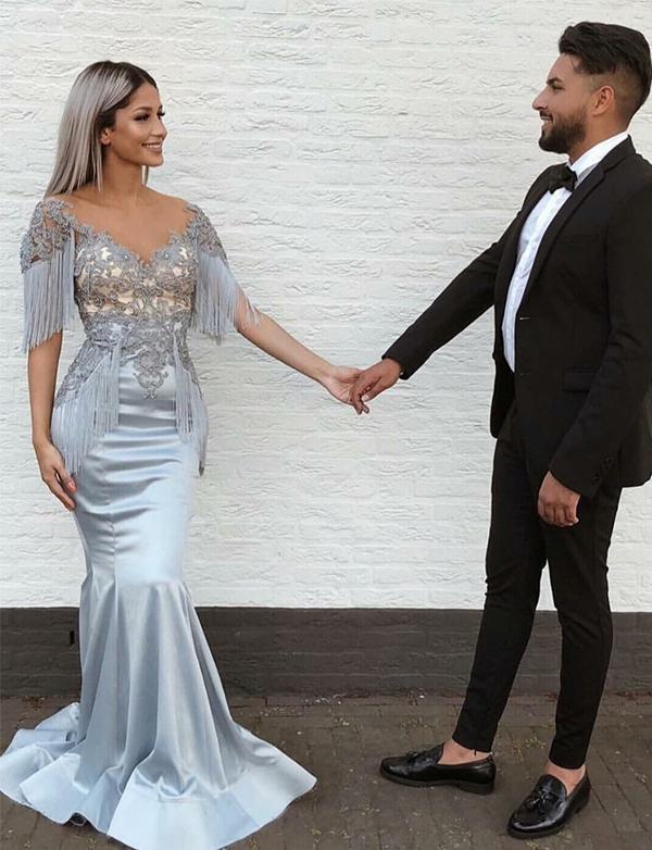 Mermaid V-Neck Short Sleeve Appliques Long Grey Prom Dress INH33