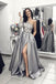 One Shoulder Long Grey Prom Dress with Split Lace Appliques Evening Dress INH40