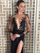 Deep V-Neck Long Sleeve Black Evening Dress,Beading Split Sexy Prom Dress INH27