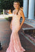 Mermaid V-neck Sleeveless Pink Lace Backless Prom Dresses With Straps ING96