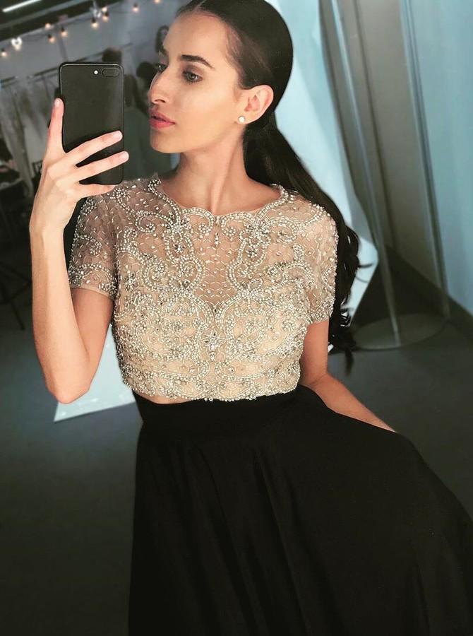 Two Piece Crew Short Sleeves Floor-Length Black Prom Dress with Beading INL89