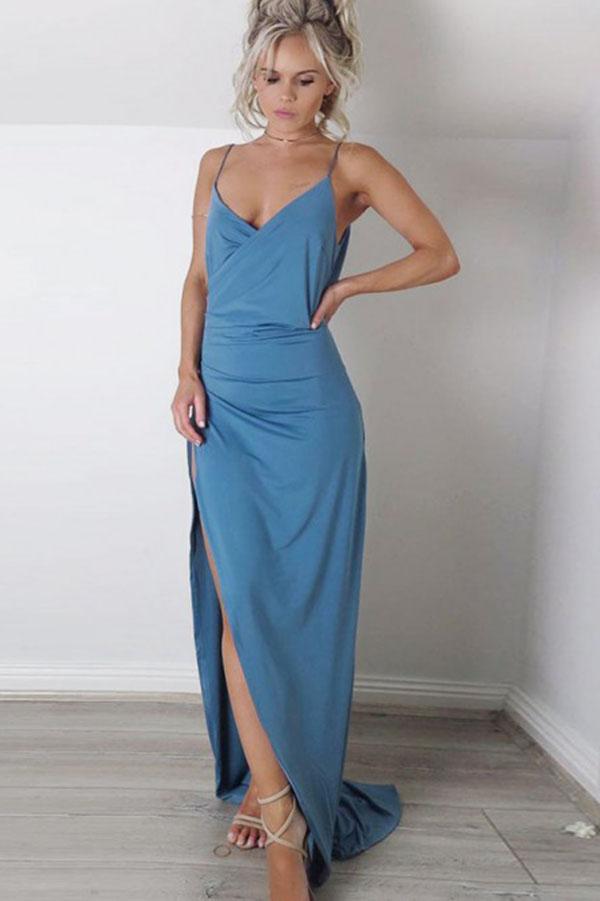 Sheath Spaghetti Straps Sweep Train Blue Simple Prom Dress with Split INK62